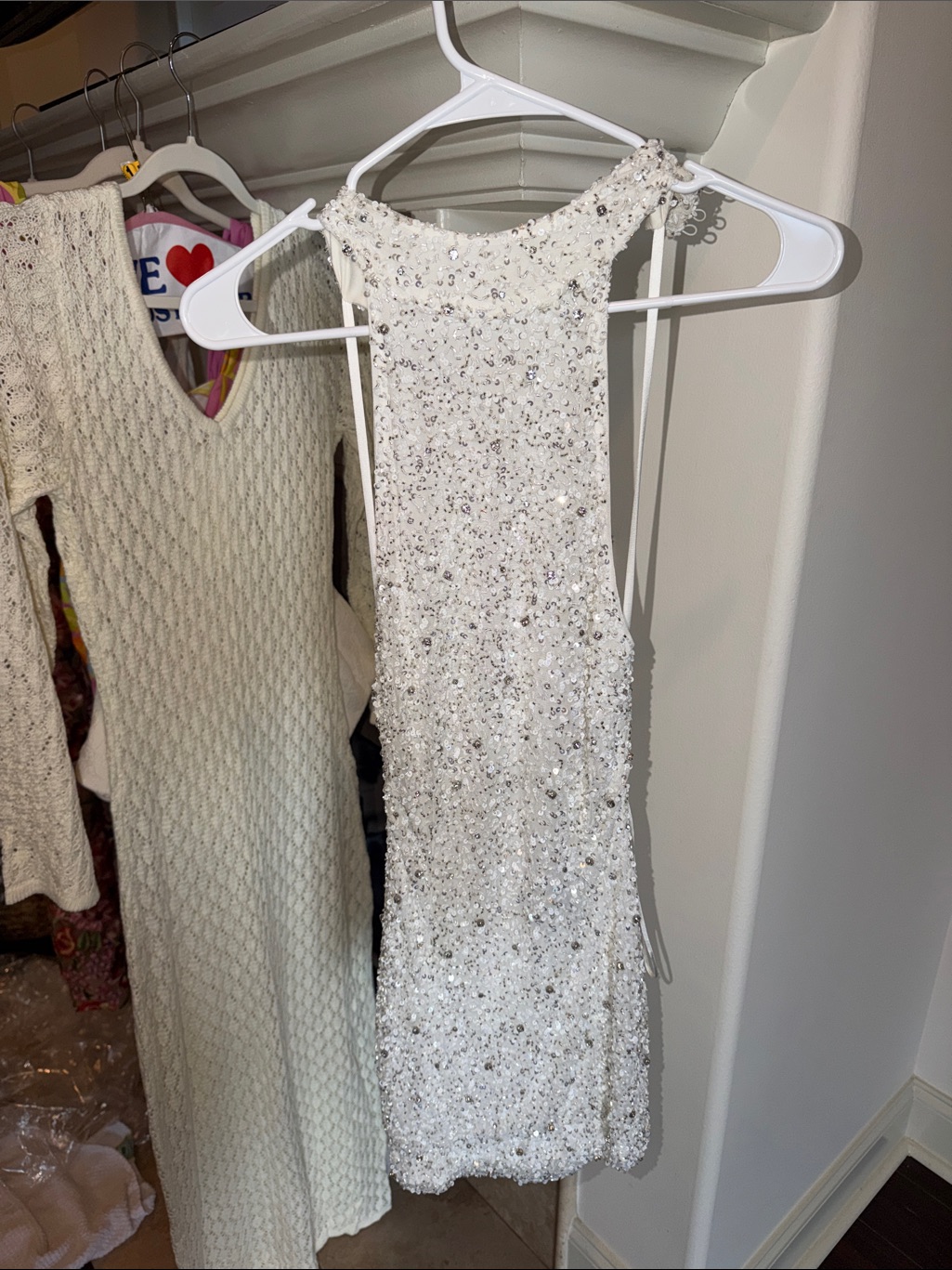 Retrofete White Beaded Halter Mini Dress